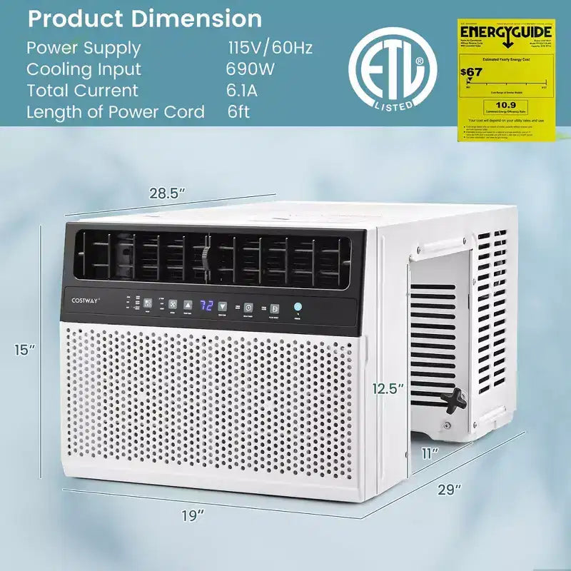 Aire acondicionado de ventana Costway 8100 BTU (12000 BTU Ashrae) con control remoto, panel de control LED, hasta 37 m².