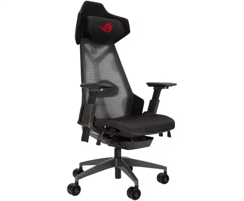 Silla gaming ergonómica ASUS ROG Destrier, estética ciber-futurista, ajustes de asiento versátiles, modo de soporte para juegos móviles en reposabrazos, panel acústico