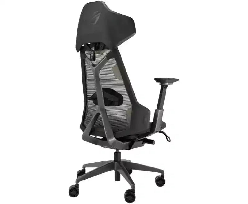 Silla gaming ergonómica ASUS ROG Destrier, estética ciber-futurista, ajustes de asiento versátiles, modo de soporte para juegos móviles en reposabrazos, panel acústico