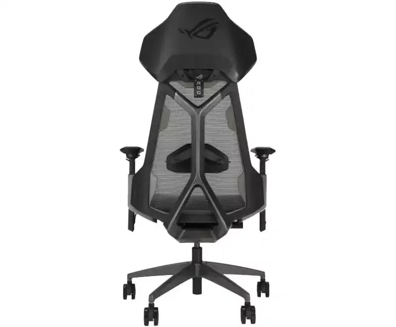 Silla gaming ergonómica ASUS ROG Destrier, estética ciber-futurista, ajustes de asiento versátiles, modo de soporte para juegos móviles en reposabrazos, panel acústico
