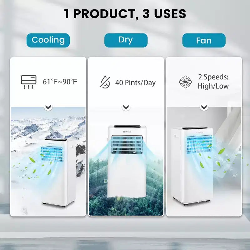 Acondicionador de Aire Portátil Costway de 8000 BTU, Unidad de CA 3 en 1 con Ventilador Frío, Deshumidificador y Modo de Sueño