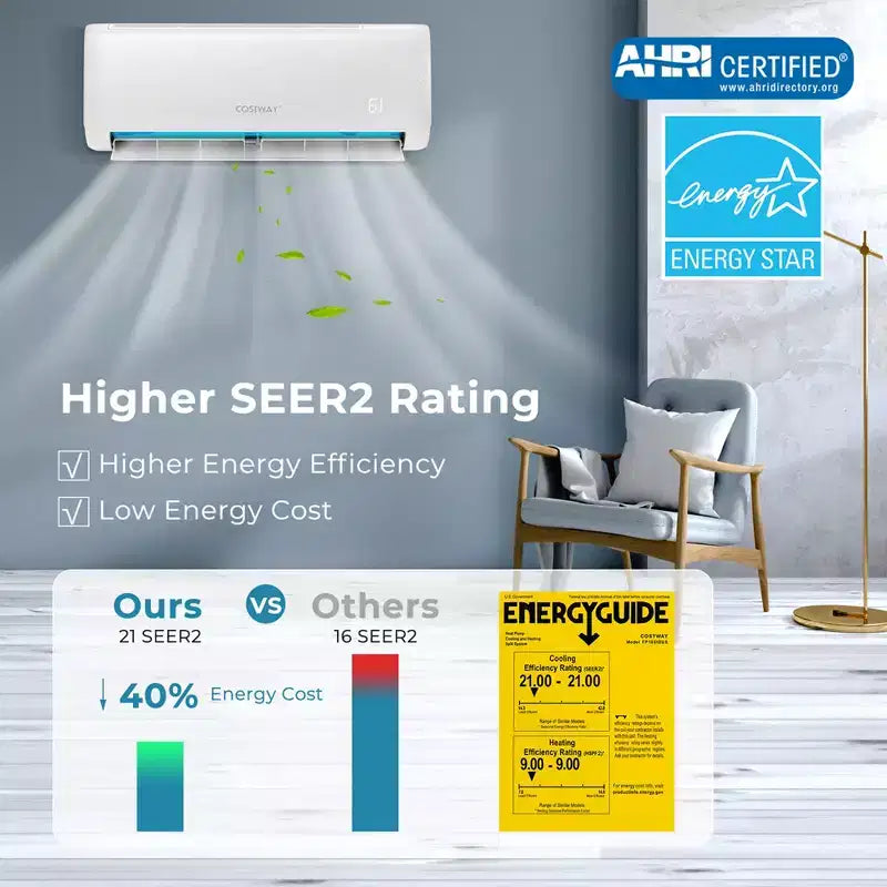 Costway Aire Acondicionado Mini Split de 18,000 BTU con Bomba de Calor y Control Remoto