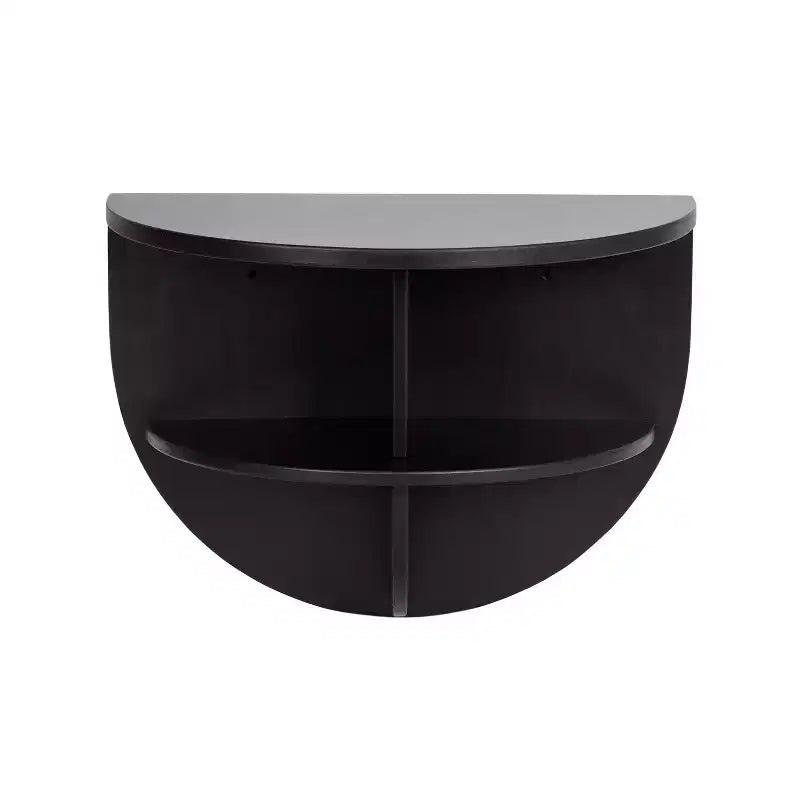 Mesa auxiliar flotante de madera semicircular – 18x14, Negra, Estantes incorporados, Ahorro de espacio