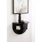 Mesa auxiliar flotante de madera semicircular – 18x14, Negra, Estantes incorporados, Ahorro de espacio