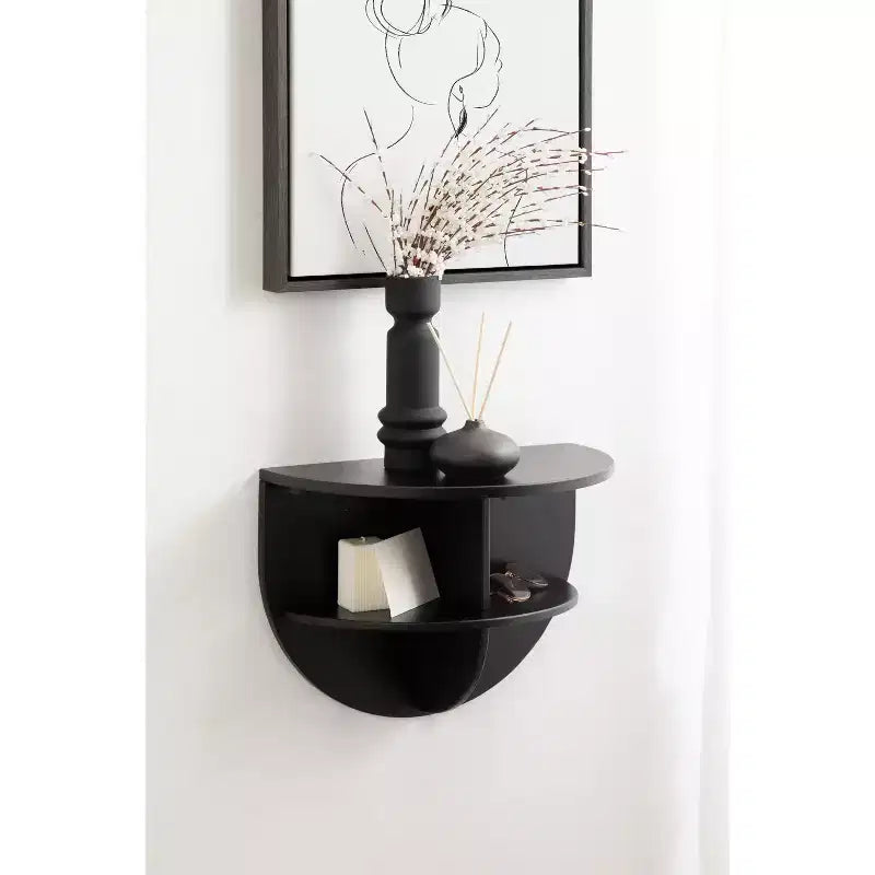 Mesa auxiliar flotante de madera semicircular – 18x14, Negra, Estantes incorporados, Ahorro de espacio