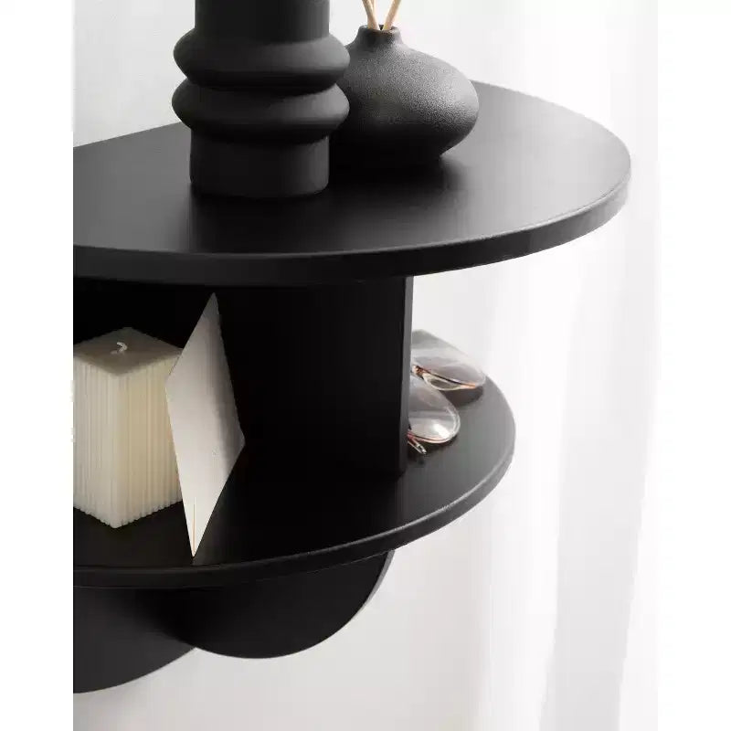 Mesa auxiliar flotante de madera semicircular – 18x14, Negra, Estantes incorporados, Ahorro de espacio