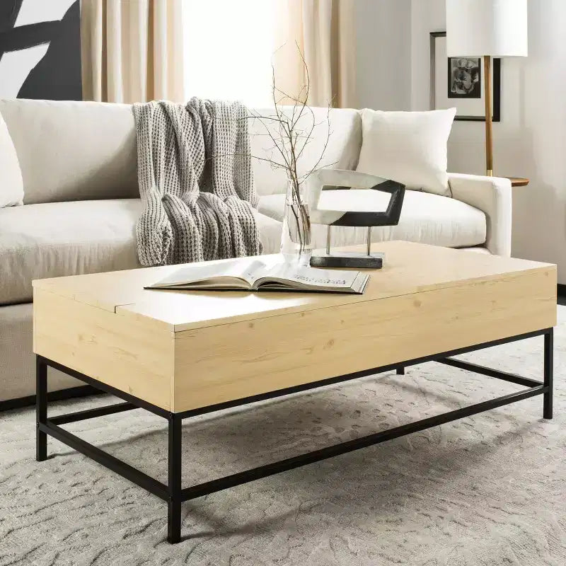 Mesa de centro con tablero elevable – Acabado roble claro, patas de metal negro, almacenamiento oculto, MDF