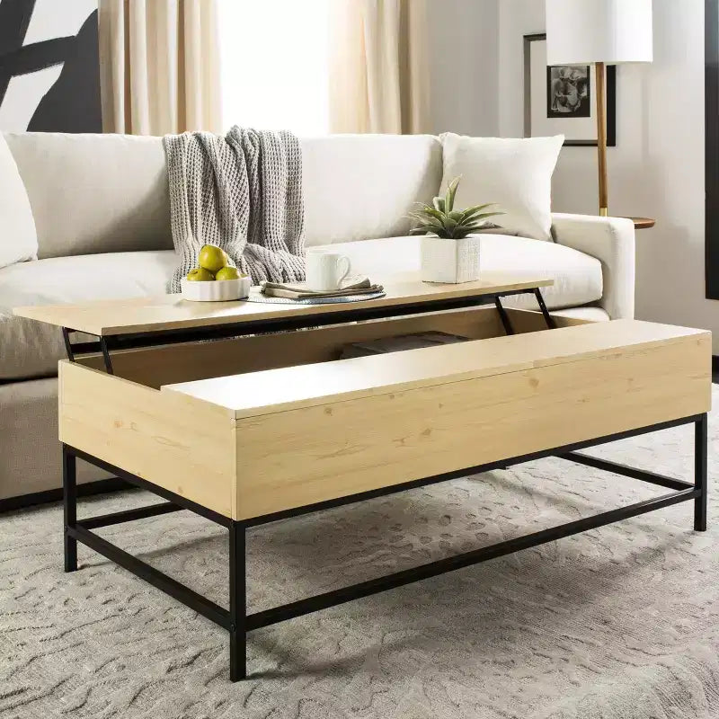Mesa de centro con tablero elevable – Acabado roble claro, patas de metal negro, almacenamiento oculto, MDF