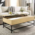 Mesa de centro con tablero elevable – Acabado roble claro, patas de metal negro, almacenamiento oculto, MDF