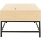 Mesa de centro con tablero elevable – Acabado roble claro, patas de metal negro, almacenamiento oculto, MDF