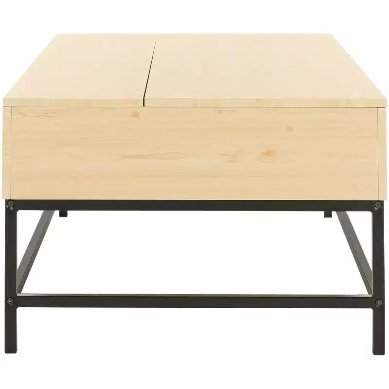 Mesa de centro con tablero elevable – Acabado roble claro, patas de metal negro, almacenamiento oculto, MDF