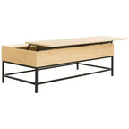 Mesa de centro con tablero elevable – Acabado roble claro, patas de metal negro, almacenamiento oculto, MDF