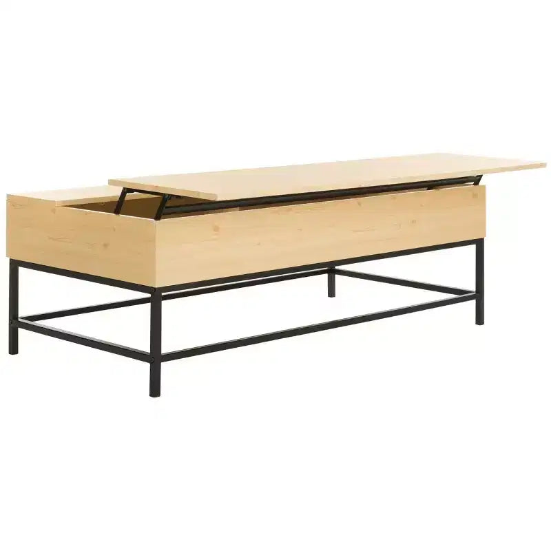 Mesa de centro con tablero elevable – Acabado roble claro, patas de metal negro, almacenamiento oculto, MDF