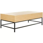 Mesa de centro con tablero elevable – Acabado roble claro, patas de metal negro, almacenamiento oculto, MDF