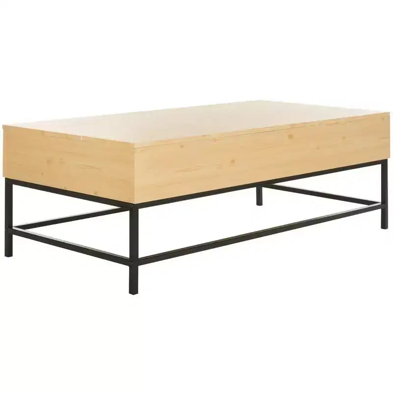 Mesa de centro con tablero elevable – Acabado roble claro, patas de metal negro, almacenamiento oculto, MDF