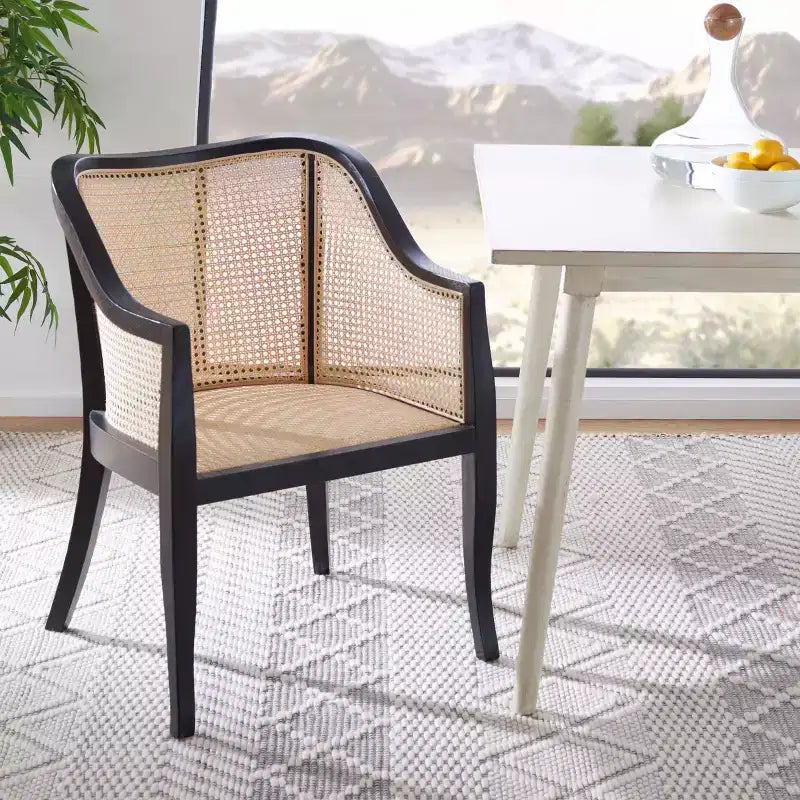 Sillón de comedor de mimbre – Estructura de madera de olmo, respaldo curvo, blanco, capacidad de 125 kg