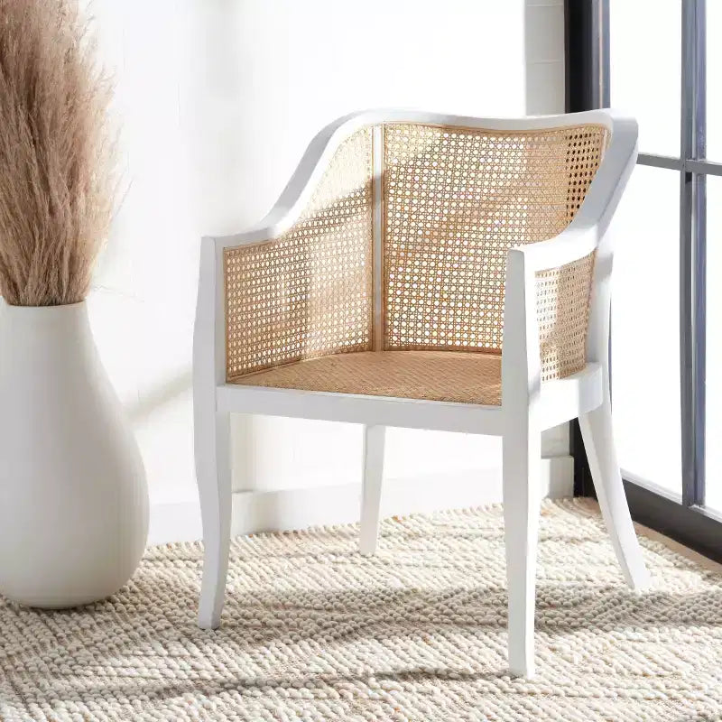 Sillón de comedor de mimbre – Estructura de madera de olmo, respaldo curvo, blanco, capacidad de 125 kg