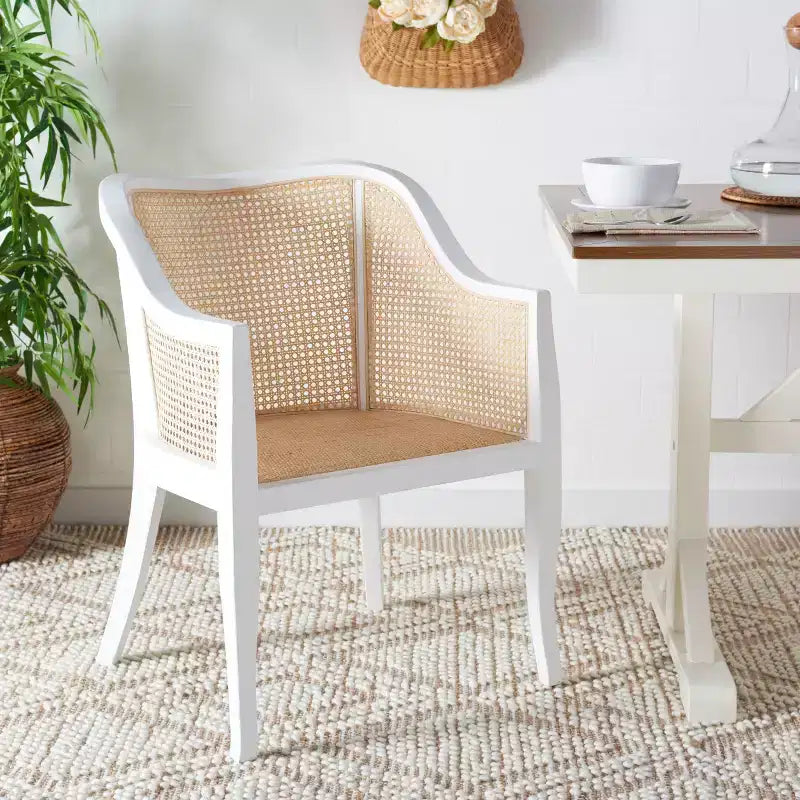Sillón de comedor de mimbre – Estructura de madera de olmo, respaldo curvo, blanco, capacidad de 125 kg