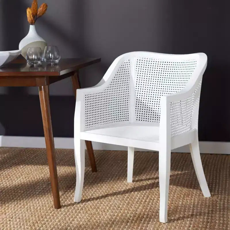 Sillón de comedor de mimbre – Estructura de madera de olmo, respaldo curvo, blanco, capacidad de 125 kg