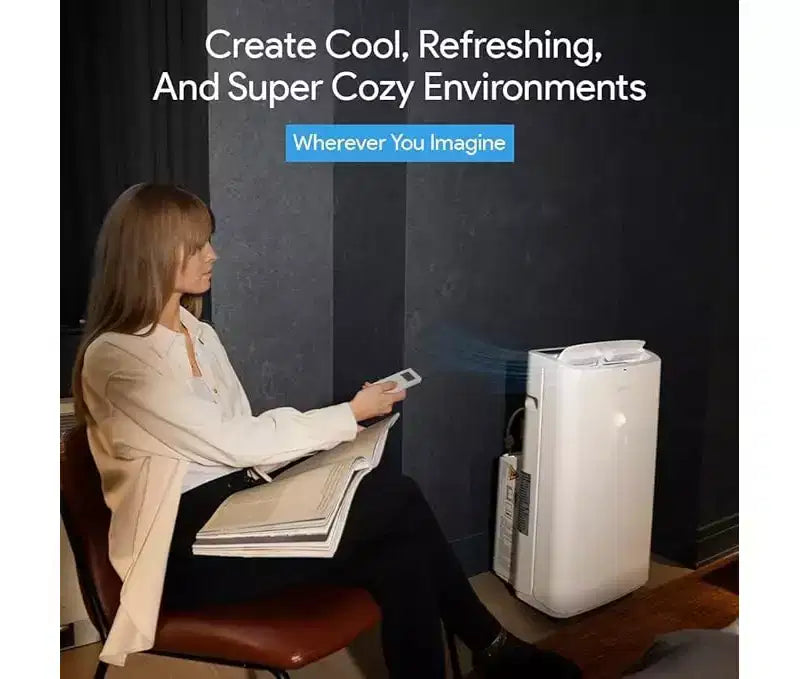 Aire acondicionado portátil SereneLife de 14,000 BTU para el hogar con deshumidificador, ventilador, control remoto y kit para ventana, blanco