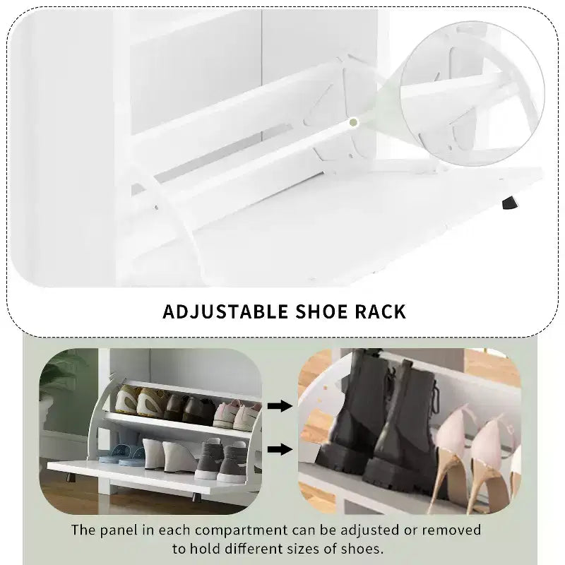 Zapatero funcional con vetas de madera, 2 cajones abatibles y paneles ajustables