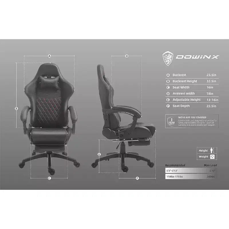 Silla de juego ajustable con soporte lumbar de masaje y reposapiés retráctil - Dowinx