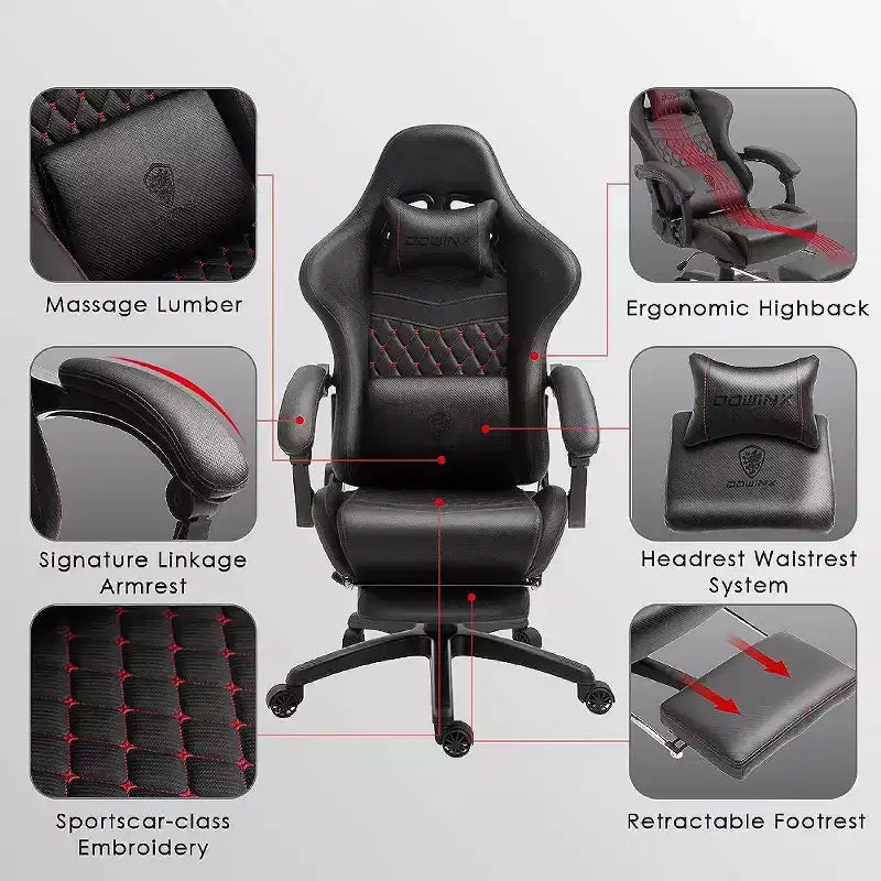 Silla de juego ajustable con soporte lumbar de masaje y reposapiés retráctil - Dowinx