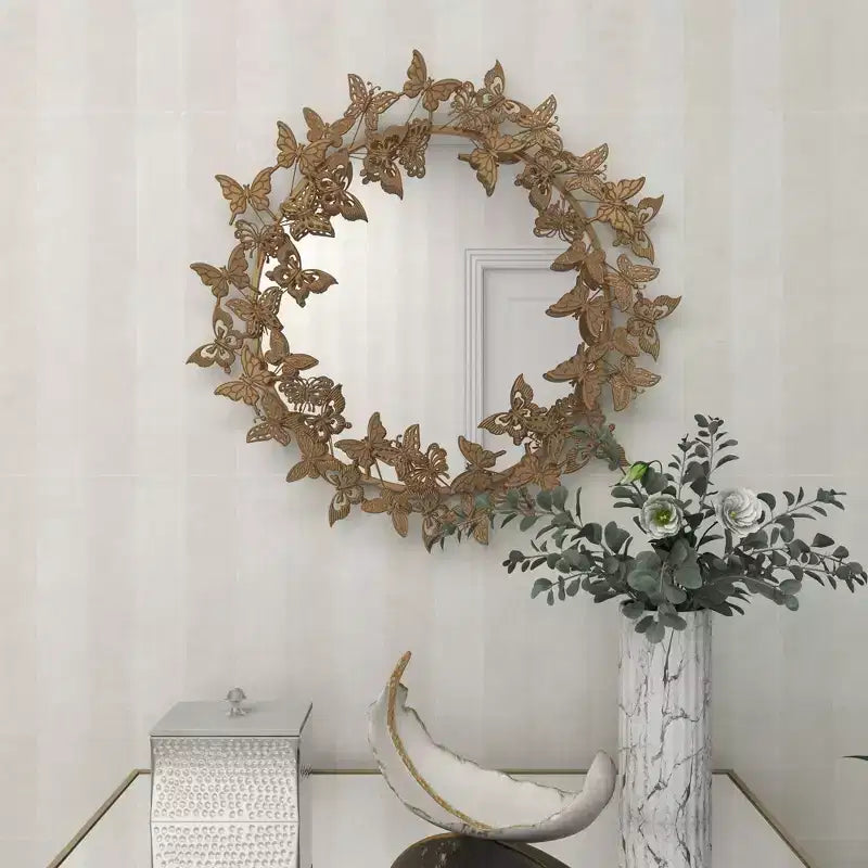Espejo de pared 3D redondo de metal de mariposa de 28x28 – Montaje en pared, no requiere ensamblaje