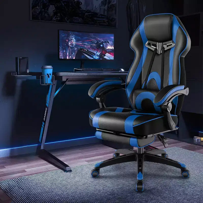 Silla de estilo de carreras de e-sports ajustable Costway con reposacabezas acolchado y soporte lumbar, azul/negro/gris/rojo