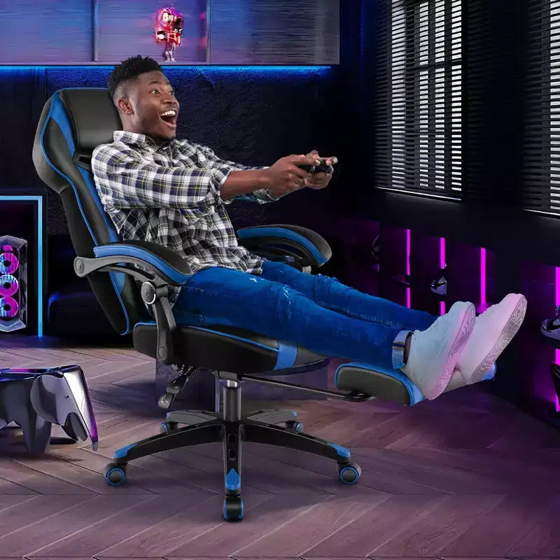 Silla de estilo de carreras de e-sports ajustable Costway con reposacabezas acolchado y soporte lumbar, azul/negro/gris/rojo