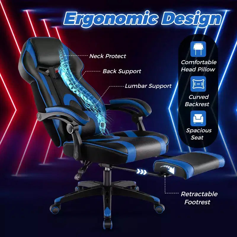 Silla de estilo de carreras de e-sports ajustable Costway con reposacabezas acolchado y soporte lumbar, azul/negro/gris/rojo