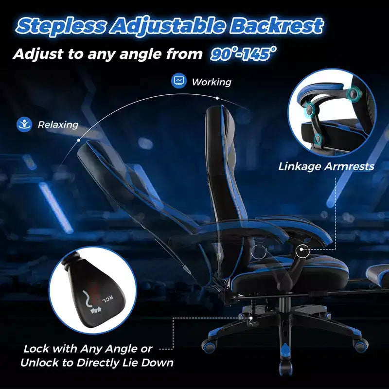 Silla de estilo de carreras de e-sports ajustable Costway con reposacabezas acolchado y soporte lumbar, azul/negro/gris/rojo