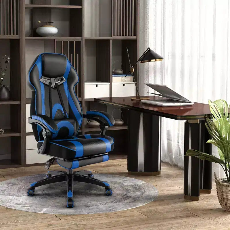 Silla de estilo de carreras de e-sports ajustable Costway con reposacabezas acolchado y soporte lumbar, azul/negro/gris/rojo