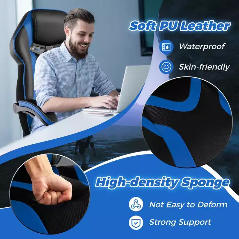 Silla de estilo de carreras de e-sports ajustable Costway con reposacabezas acolchado y soporte lumbar, azul/negro/gris/rojo