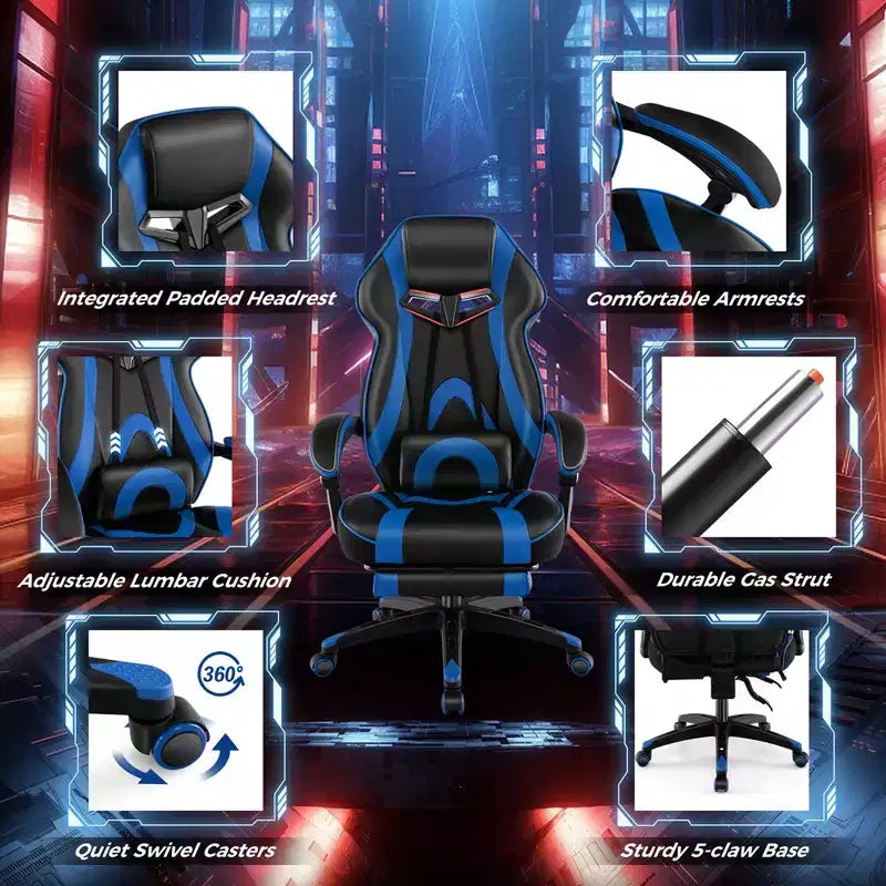 Silla de estilo de carreras de e-sports ajustable Costway con reposacabezas acolchado y soporte lumbar, azul/negro/gris/rojo