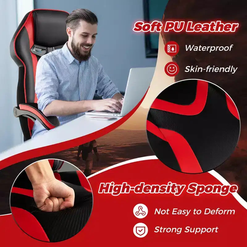 Silla de estilo de carreras de e-sports ajustable Costway con reposacabezas acolchado y soporte lumbar, azul/negro/gris/rojo