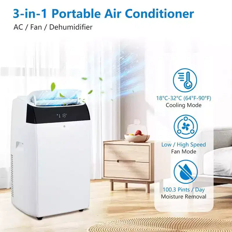 Aire acondicionado portátil de 14000 BTU 3 en 1 con control remoto, doble motor y oscilación automática