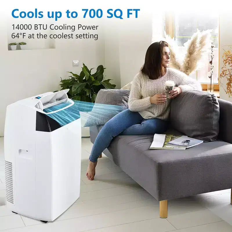 Aire acondicionado portátil de 14000 BTU 3 en 1 con control remoto, doble motor y oscilación automática