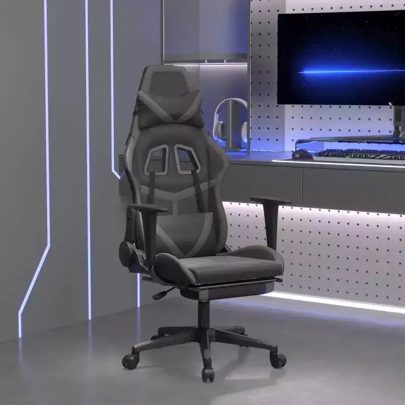 Silla gaming de masaje vidaXL con reposapiés, negra y gris, cuero sintético