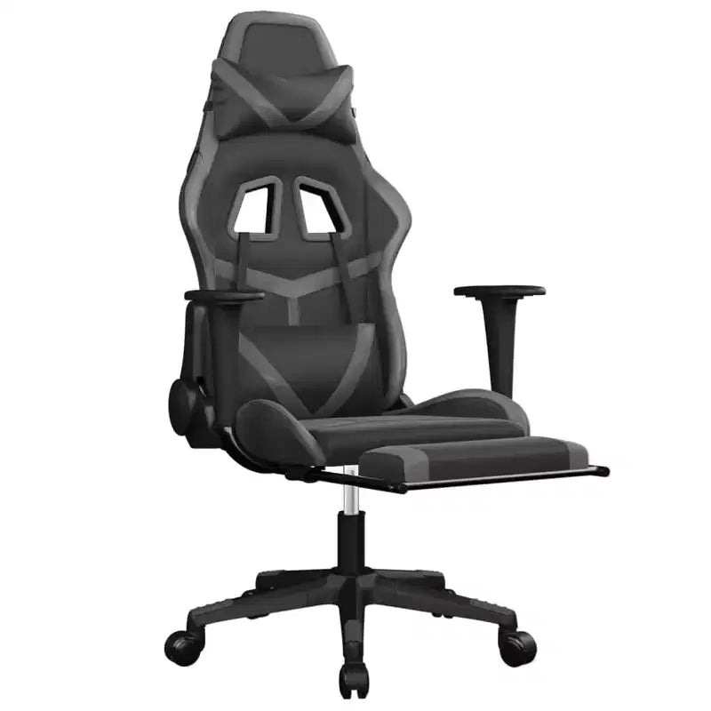 Silla gaming de masaje vidaXL con reposapiés, negra y gris, cuero sintético
