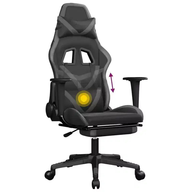 Silla gaming de masaje vidaXL con reposapiés, negra y gris, cuero sintético