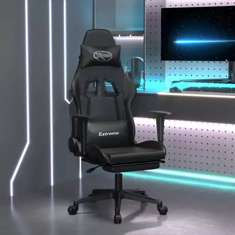 vidaXL Silla de Gaming de Masaje con Reposapiés, Negra, Cuero Sintético