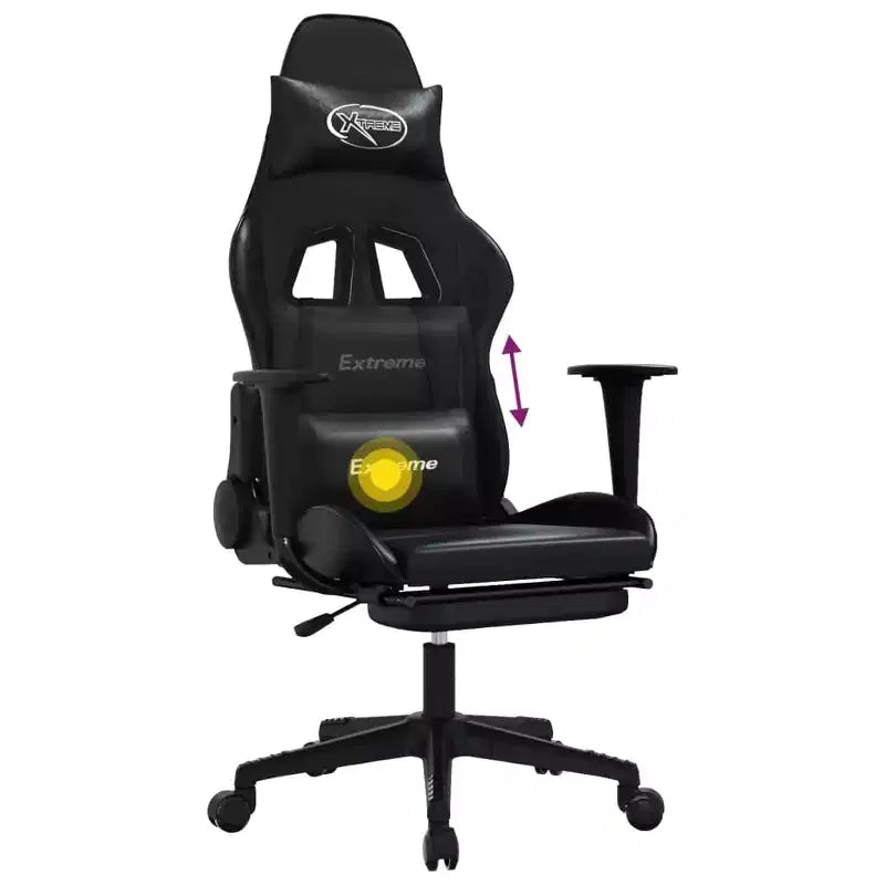 vidaXL Silla de Gaming de Masaje con Reposapiés, Negra, Cuero Sintético