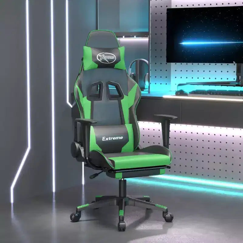 Silla gaming de masaje vidaXL con reposapiés, negra y verde, piel sintética