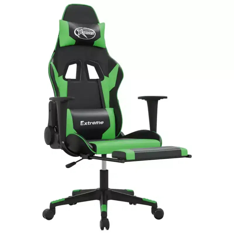 Silla gaming de masaje vidaXL con reposapiés, negra y verde, piel sintética