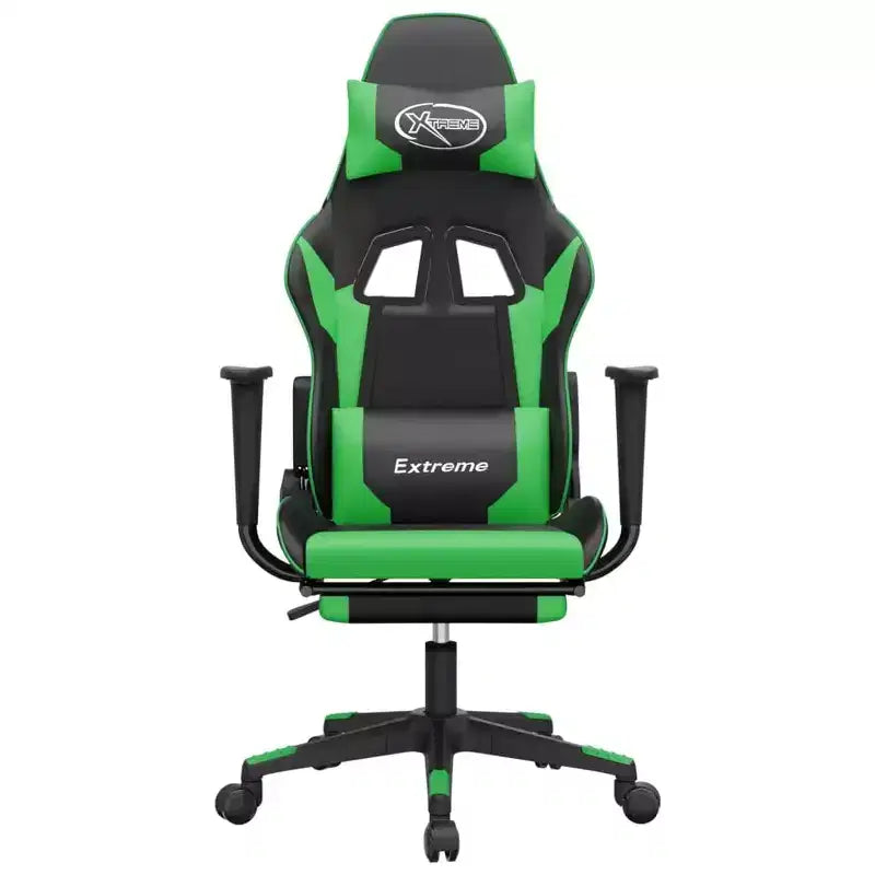 Silla gaming de masaje vidaXL con reposapiés, negra y verde, piel sintética