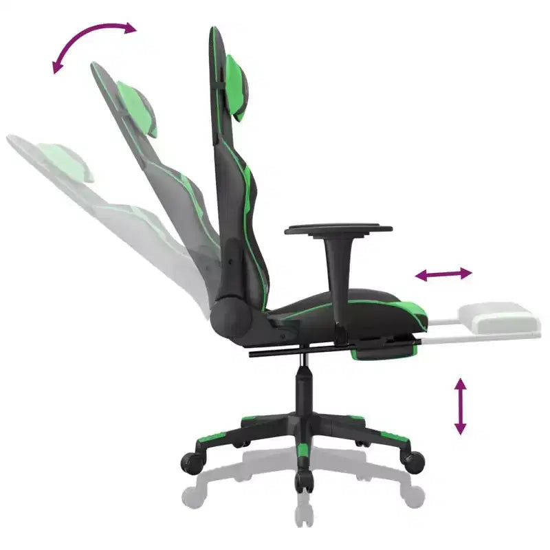 Silla gaming de masaje vidaXL con reposapiés, negra y verde, piel sintética