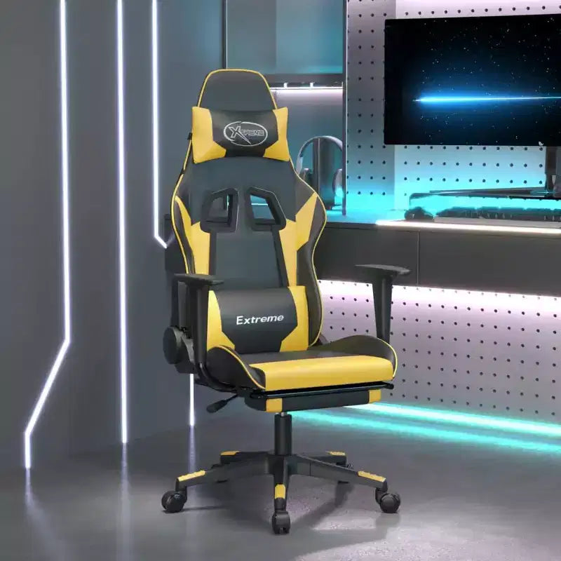 Silla de juegos con reposapiés vidaXL, negra y dorada, de cuero sintético