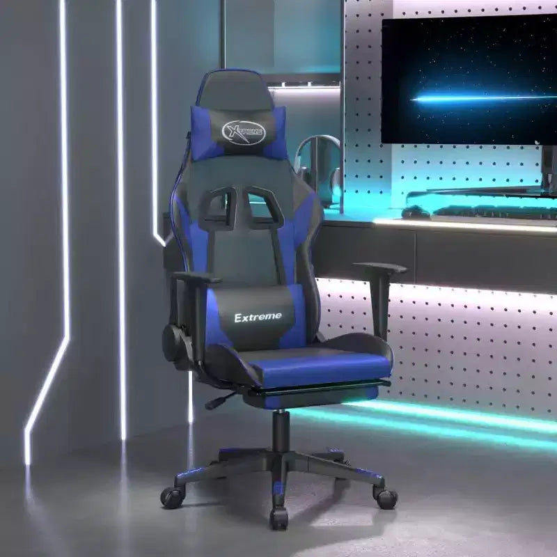 Silla de juegos con reposapiés vidaXL, negra y azul, cuero sintético