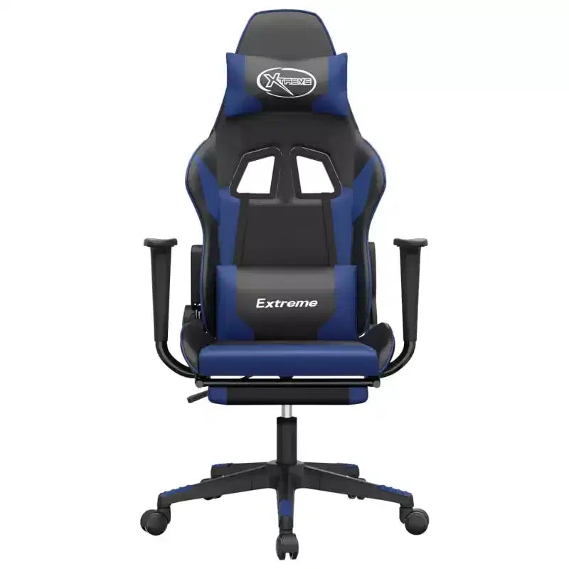 Silla de juegos con reposapiés vidaXL, negra y azul, cuero sintético